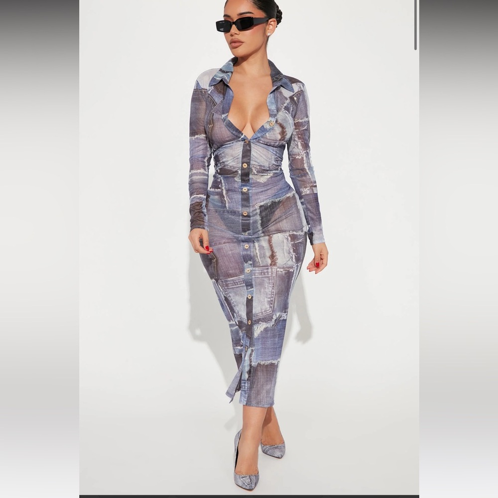 Stylish Denim Print Mesh(Stretchy)Dress - 1X